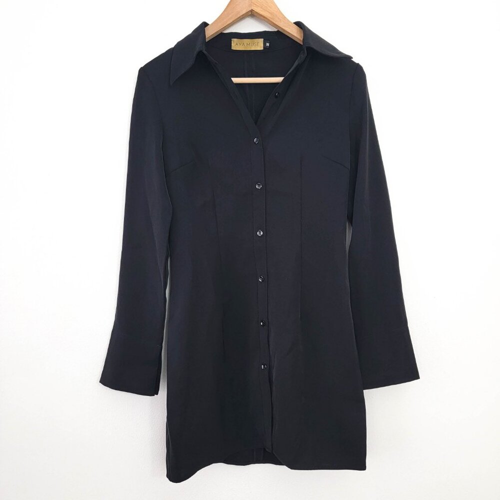 Aya Muse Collared Mini Shirt Dress in Black Medium